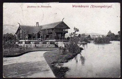 50067 Ansichtskarte Warmbrunn Riesengebirge Blockhaus Füllnerpark 1922