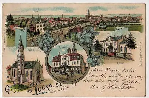 42548 Ansichtskarte Lucka Post Bahnhof Kirche Rathaus 1900