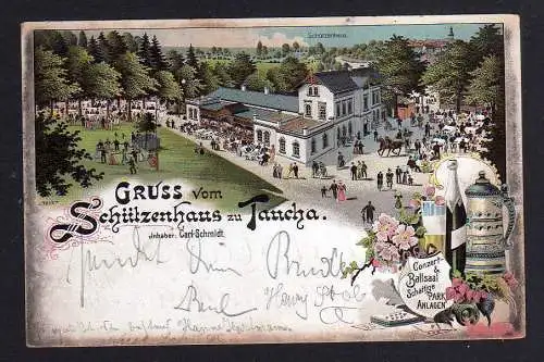 101112 Ansichtskarte Litho Schützenhaus zu Taucha Biergarten Bierkrug 1902