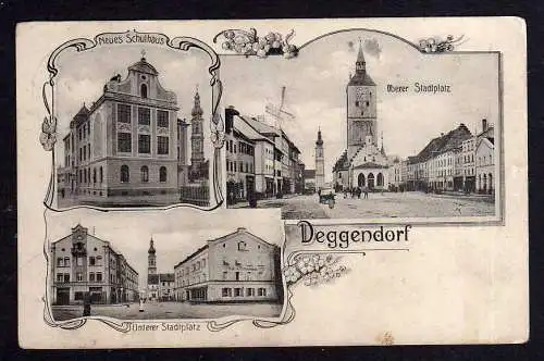 100716 Ansichtskarte Deggendorf Oberer Stadtplatz 1912 Neue Schule Cafe & Restauration am U