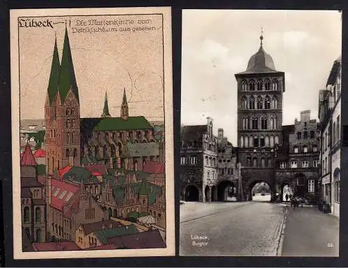100520 2 Ansichtskarte Lübeck Burgtor 1929 Marienkirche Künstler Steinzeichnung