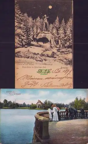 160645 2 Ansichtskarte Breslau Diana-Statue im Scheitniger Park 1899 Partie Südpark 1907