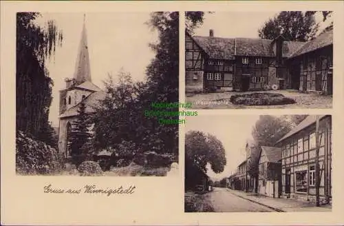 160738 AK Winnigstedt Kirche Wassermühle Dorfstraße um 1950