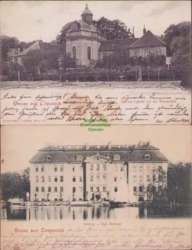 160688 2 Ansichtskarte Berlin Cöpenick Schloss-Capelle von d. Wasserseite 1904 Kgl. Seminar
