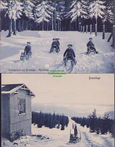 160749 2 AK Wintergrüsse aus Braunlage um 1920 Rodelbahn Hörnerschlitten