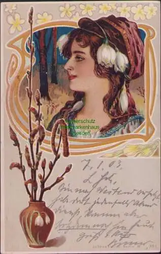 160620 AK Berlin 1903 Jugendstil Jahreszeiten AK Frau Schneeglöckchen