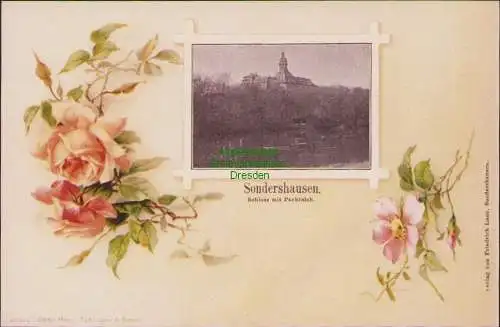 160774 AK Sondershausen Schloss mit Parkteich Rosen Dekor Litho um 1900