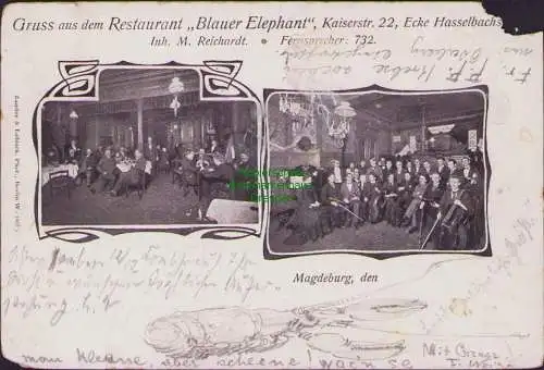 160379 Ansichtskarte Magdeburg Gruss aus dem Restaurant Blauer Elephant Kaiserstr. 22, Ecke