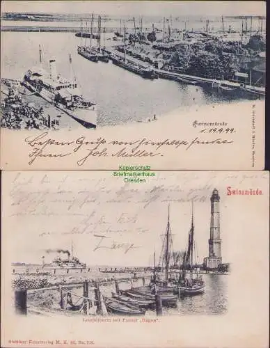 160530 2 AK Swinemünde 1900 Leuchtthurm mit Panzerkreuzer Hagen Hafen 1899