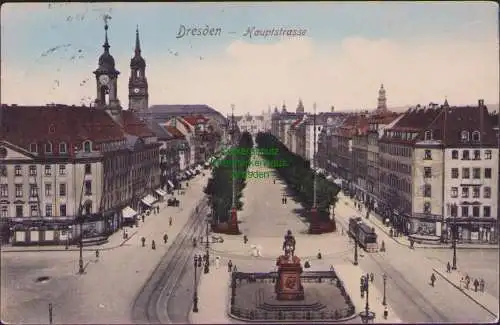 160454 Ansichtskarte Dresden Hauptstrasse 1909 Goldner Reiter Allee Straßenbahnen