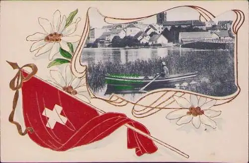 160474 AK Prägekarte Fahne Schweit  Edelweiß um 1900
