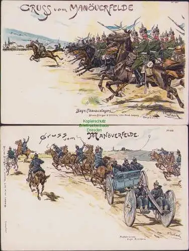 160502 2 AK GRUSS MANÖVERFELDE Bayr. Chevauxlegers Militär Soldaten Litho 1900