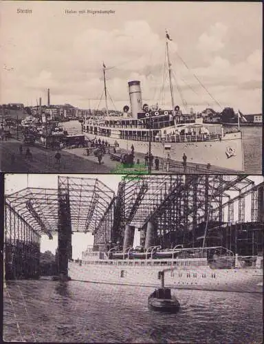 160469 2 AK Stettin 1916 Hafen mit Rügendampfer Vulkanwerft 1919