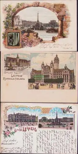 160398 3 Ansichtskarte Leipzig Litho um 1900 Das alte Rathaus NEUBAU Augustusplatz m. Mende