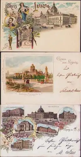 160397 3 Ansichtskarte Leipzig Litho 1899 Justitia Kuppel des Reichsgerichts Pleissenburg