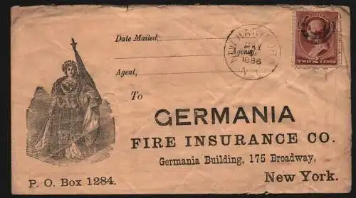 B11834 USA Brief 1886 New Hartford to Germania Fire Insurance New York