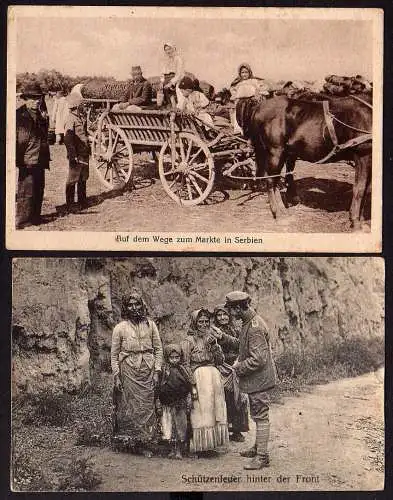 49964 2 AK Serbien Auf dem Weg zum Markt Bauern Pferdewagen 1916 Schützenfeuer