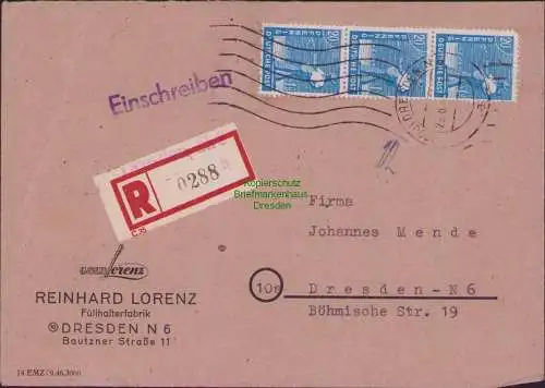B17180 SBZ Brief Währungsreform Zehnfach Dresden N 6 Einschreiben portogerecht