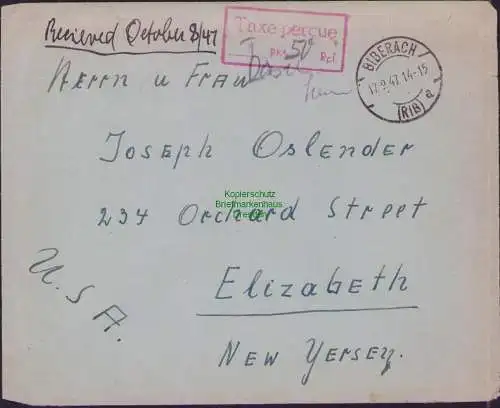 B17164 Brief Gebühr bezahlt BAZ Taxe percue Bieberach Riß 1947 nach Jersey USA