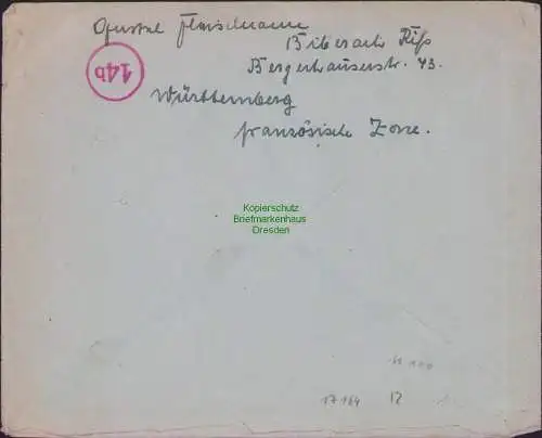 B17164 Brief Gebühr bezahlt BAZ Taxe percue Bieberach Riß 1947 nach Jersey USA