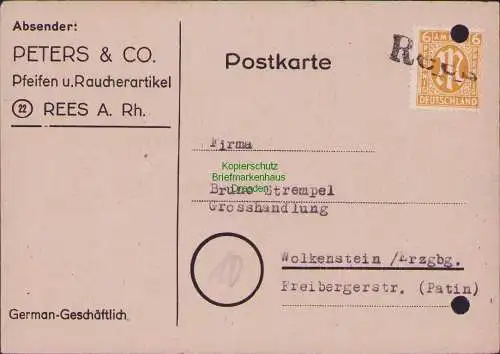 B17158 BAZ Postkarte 14.12.45 1945 Notstempel Rees nach Wolkenstein Erzgeb.