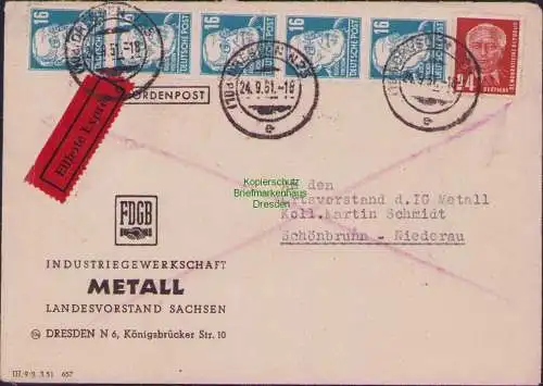 B17157 DDR 1951 Brief Eilboten 1951 Dresden N23 nach Schönbrunn bei Wolkenstein