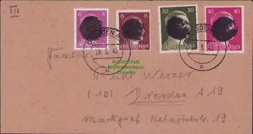 B17146 Brief Sächs. Schwärzung Dresden 4 Werte 28.5.45 1945 mit 40 Pfennig