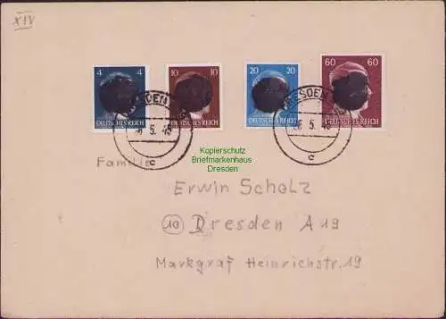 B17140 Brief Sächs. Schwärzung Dresden 4 Werte 28.5.45 1945 mit 60 Pfennig
