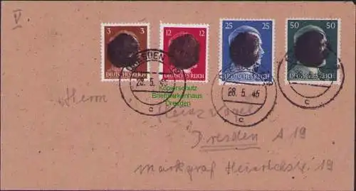 B17139 Brief Sächs. Schwärzung Dresden 4 Werte 28.5.45 1945 mit 50 Pfennig