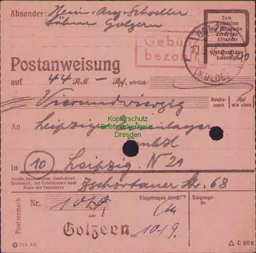 B17193 SBZ Postanweisung Gebühr bezahlt 10.9.45 27 Golzern Mulde n. Leipzig 1945