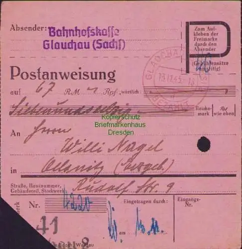B17192 SBZ Postanweisung Gebühr bezahlt 13.11.45 Bahnhofskasse Glauchau 1945