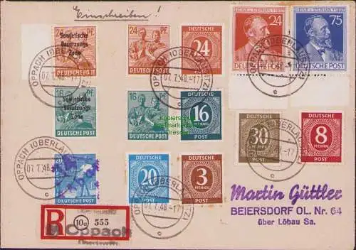 B17168 SBZ Bezirkshandstempel Bezirk 14 R-Brief Oppach 555 Löbau 20 Pfg. viol.