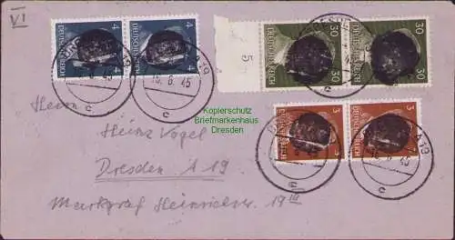 B17143 Brief Sächs. Schwärzung Dresden 6 Werte 16.6.45 1945 mit 2x 30 Pfennig