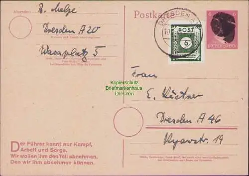 B17125 Ganzsache Postkarte  Sächs. Schwärzung 10.7.45 + SBZ Ostsachsen 43 A