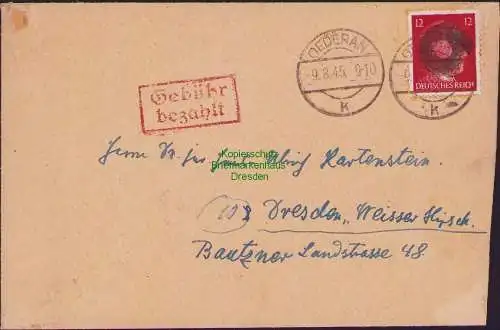 B17124 Brief Sächs. Schwärzung Oederan Fernbrief 9.8.45 + Gebühr bezahlt Dresden