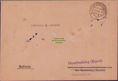 B17117 Brandenburg Havel 1.9.48 1948 Postache  Ortsbrief an Schaefer & Schulte
