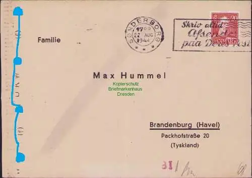 B17110 Brief Dänemark Sonderborg 1944 nach Brandenburg Havel OKW Zensur mit