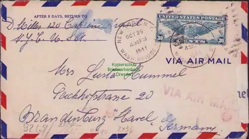 B17106 Brief USA New York 1941 nach Brandenburg Havel OKW Zensur mit Verschlusst
