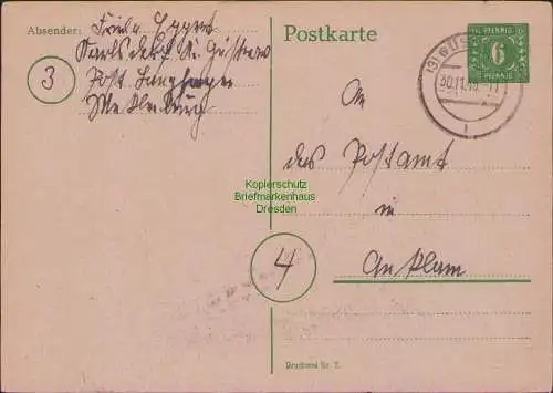 B17338 Ganzsache MVP Güstrow 1945 an das Postamt in Anklam
