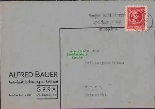 B17330 Brief SBZ Thüringen Alfred Bauer Auto Lackiererei und Sattlerei Gera 1946