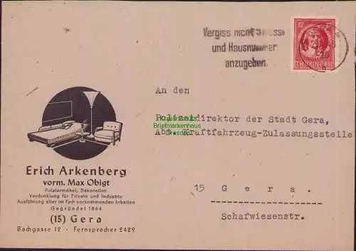 B17324 Brief SBZ Thüringen Ortsbrief an KFZ Zulassungsstelle Gera 1946