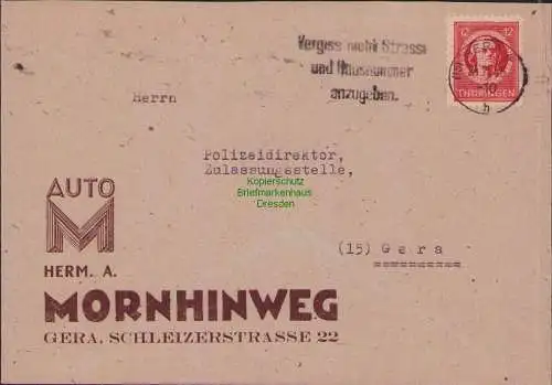 B17323 Brief SBZ Thüringen Auto Morhinweg Ortsbrief an Polizeidirektor Gera 1945