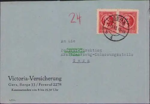 B17322 Brief SBZ Thüringen Victoria Versicherung KFZ Zulassungsstelle Gera