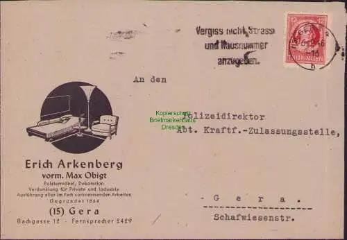 B17319 Brief SBZ Thüringen Ortsbrief an KFZ Zulassungsstelle Gera 1946