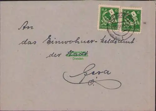 B17309 Brief SBZ Thüringen Weimar an Einwohnermeldeamt Gera 1945