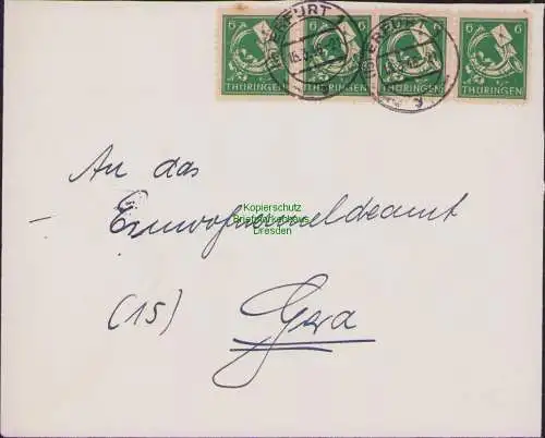 B17303 Brief SBZ Thüringen Erfurt an Einwohnermeldeamt Gera 1946 4x 95
