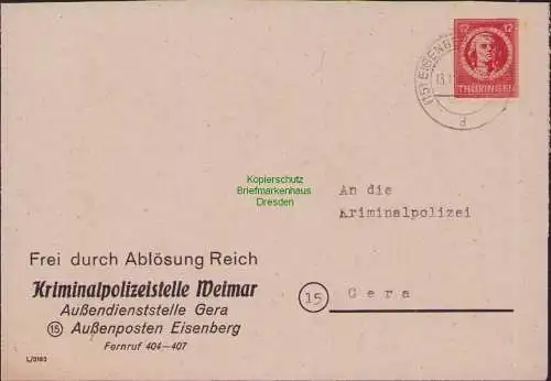 B17298 Brief SBZ Thüringen Eisenberg an Kriminalpolizei Gera 1945