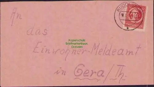 B17289 Brief SBZ Thüringen Rudolstadt an Einwohnermeldeamt Gera 1946