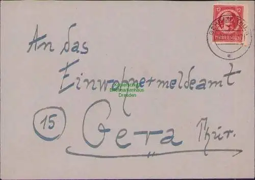 B17286 Brief SBZ Thüringen Gehren an Einwohnermeldeamt Gera 1945