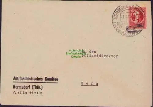 B17282 Brief SBZ Thüringen Hermsdorf Antifaschistisches Komitee Gera 1946